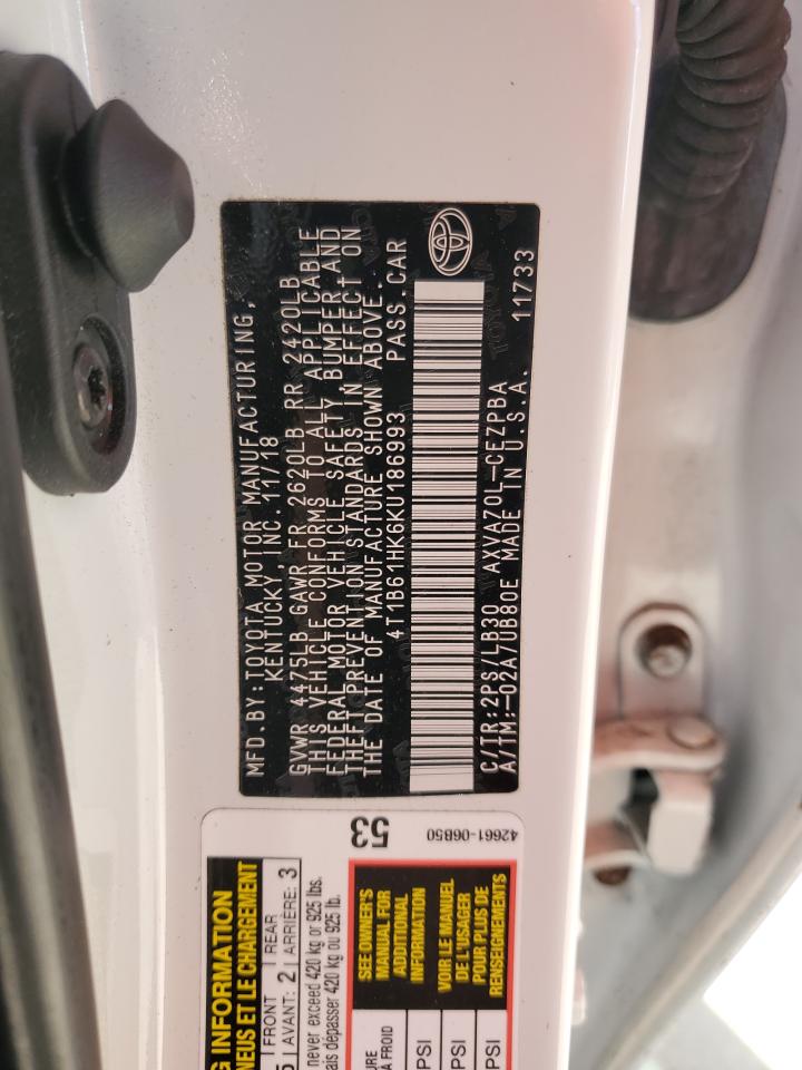 2019 Toyota Camry VIN 4T1B61HK6KU186993 Copart auction photo, hail / minor dent/scratches damage thumbnail 12