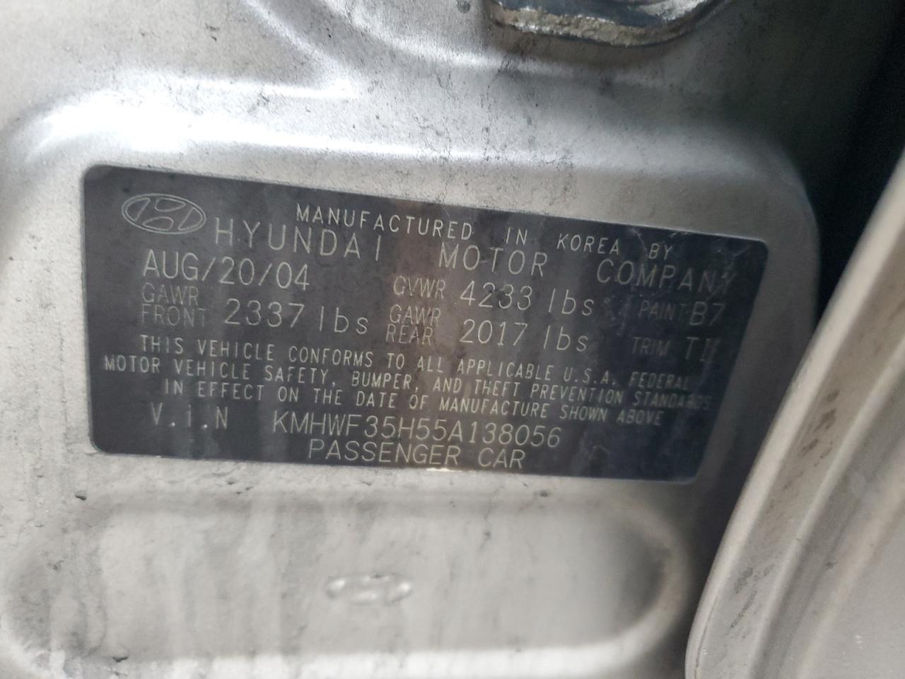 2005 Hyundai Sonata VIN KMHWF35H55A138056 Copart auction photo, front end / minor dent/scratches damage thumbnail 13
