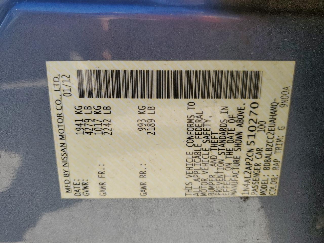 2012 Nissan Altima VIN 1N4AL2AP2CN510270 Copart auction photo, all over damage thumbnail 12