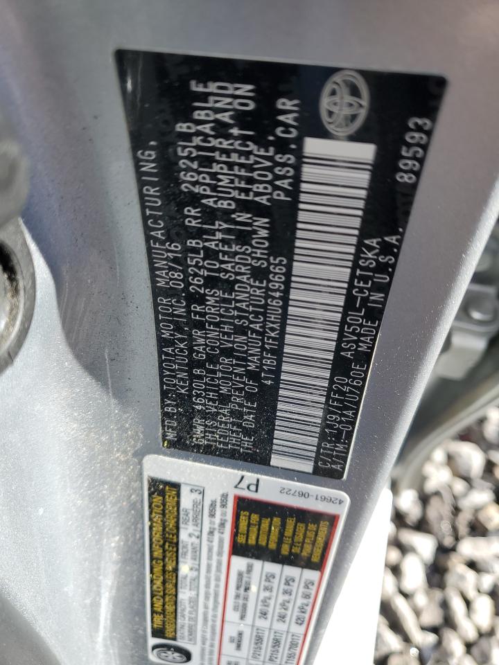 2017 Toyota Camry VIN 4T1BF1FKXHU649665 Copart auction photo, rear end damage thumbnail 12