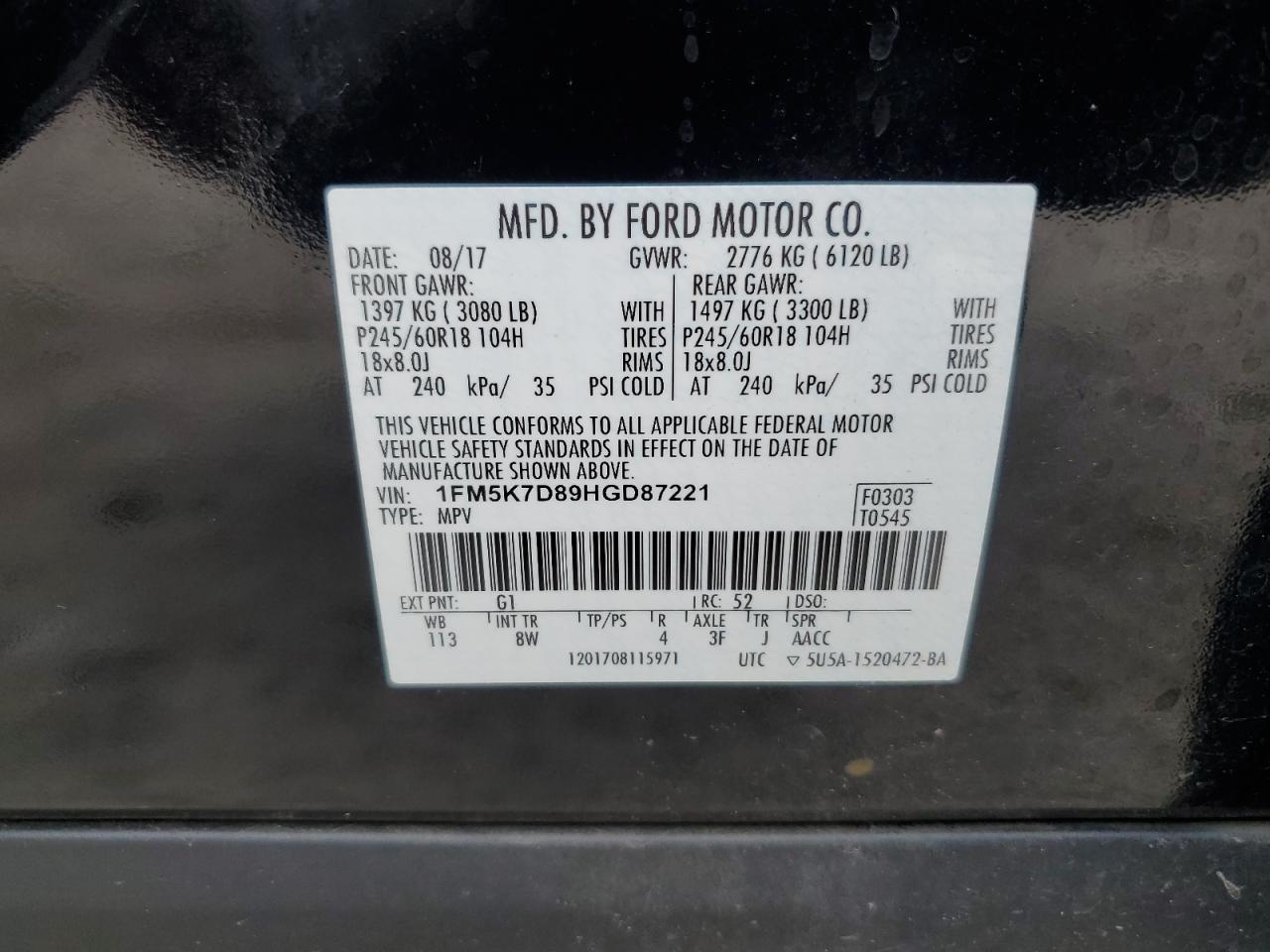 2017 Ford Explorer VIN 1FM5K7D89HGD87221 Copart auction photo, rear end damage thumbnail 13