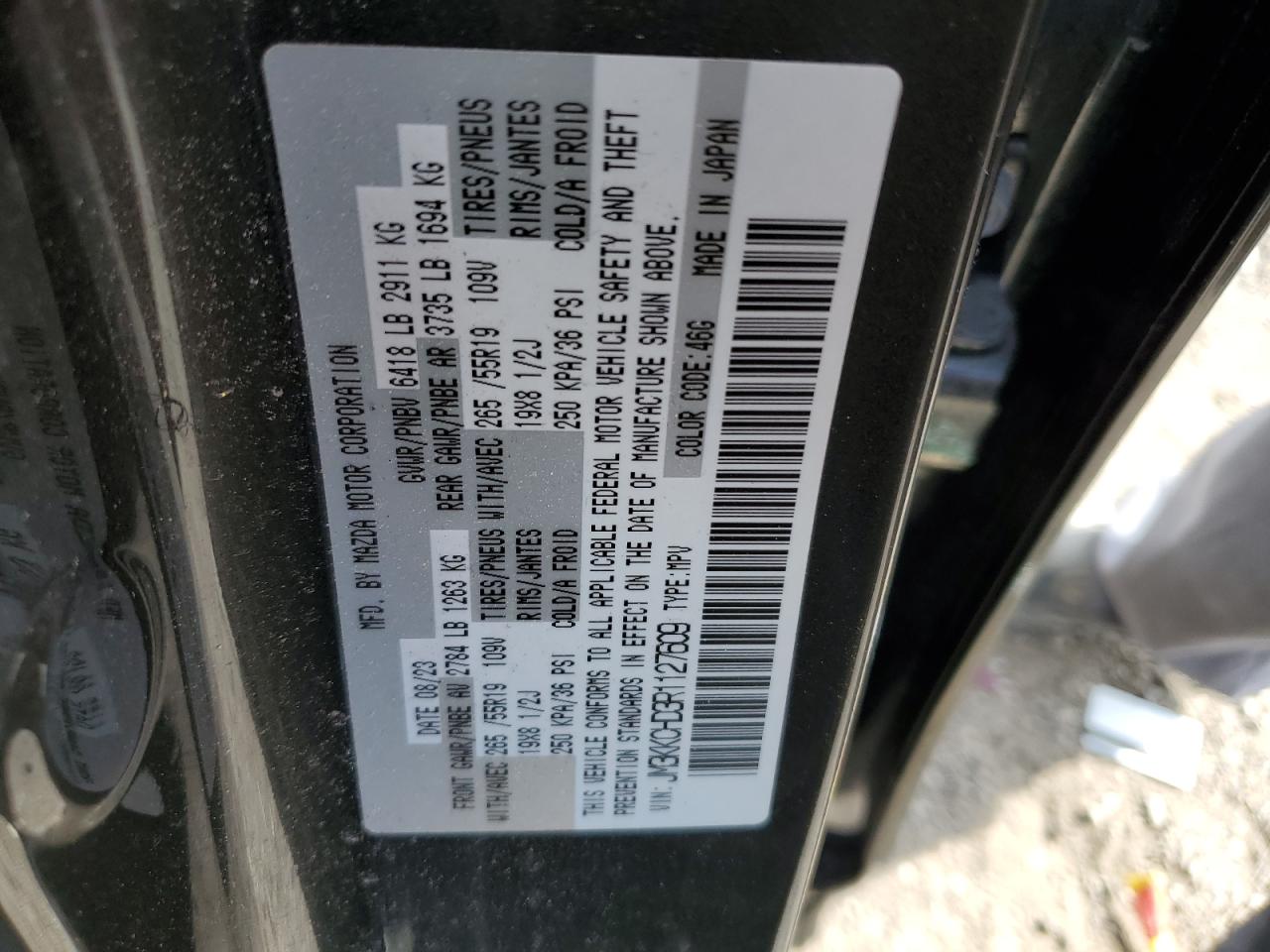 2024 Mazda CX-90 VIN JM3KKCHD3R1127609 Copart auction photo, front end / side damage thumbnail 13