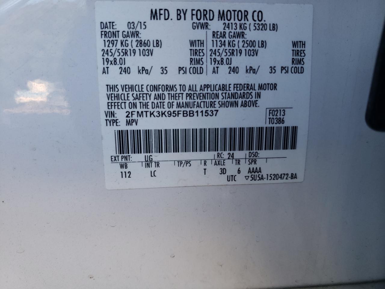 2015 Ford Edge VIN 2FMTK3K95FBB11537 Copart auction photo, front end damage thumbnail 16