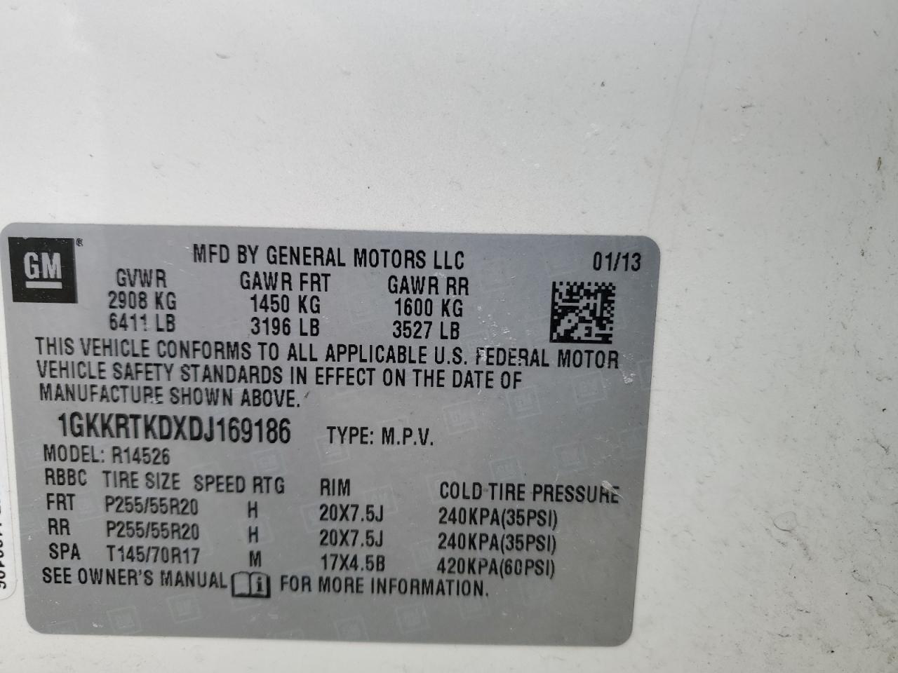 2013 GMC Acadia VIN 1GKKRTKDXDJ169186 Copart auction photo, rear end damage thumbnail 14