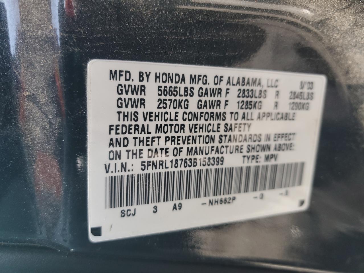 2003 Honda Odyssey VIN 5FNRL18763B158399 Copart auction photo, front end / side damage thumbnail 13