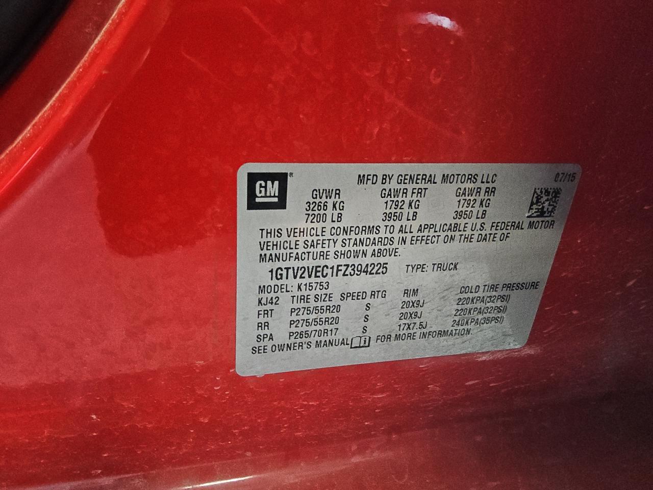 2015 GMC Sierra VIN 1GTV2VEC1FZ394225 Copart auction photo, hail / mechanical damage thumbnail 10