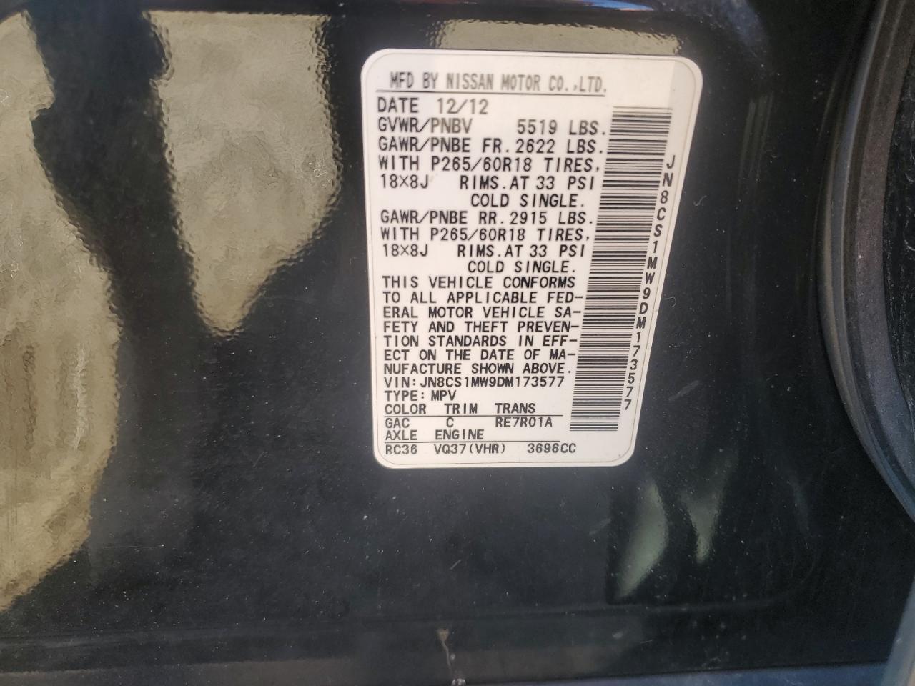 2013 Infiniti FX VIN JN8CS1MW9DM173577 Copart auction photo, rear end / minor dent/scratches damage thumbnail 13