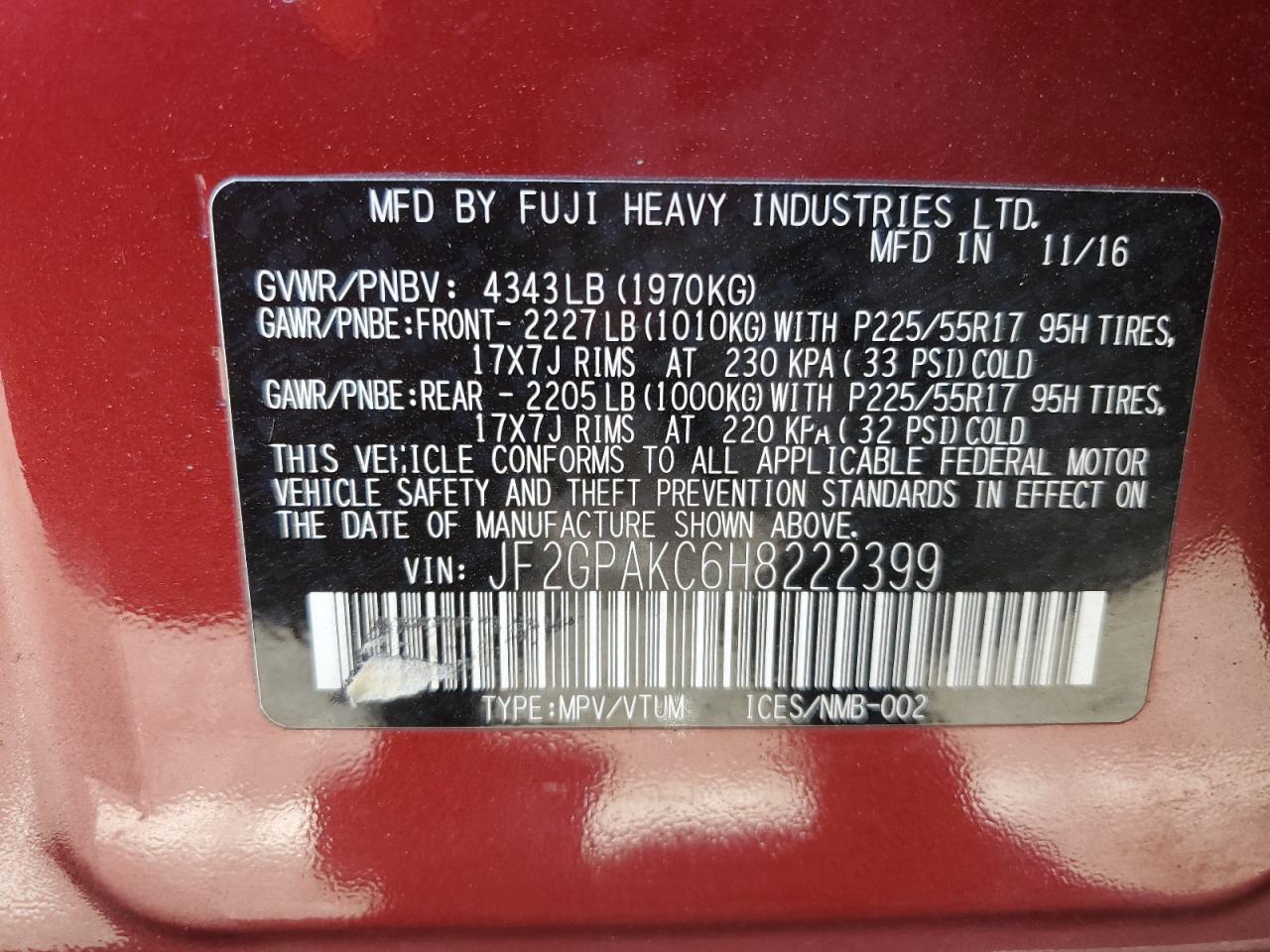 2017 Subaru XV VIN JF2GPAKC6H8222399 Copart auction photo, front end damage thumbnail 12