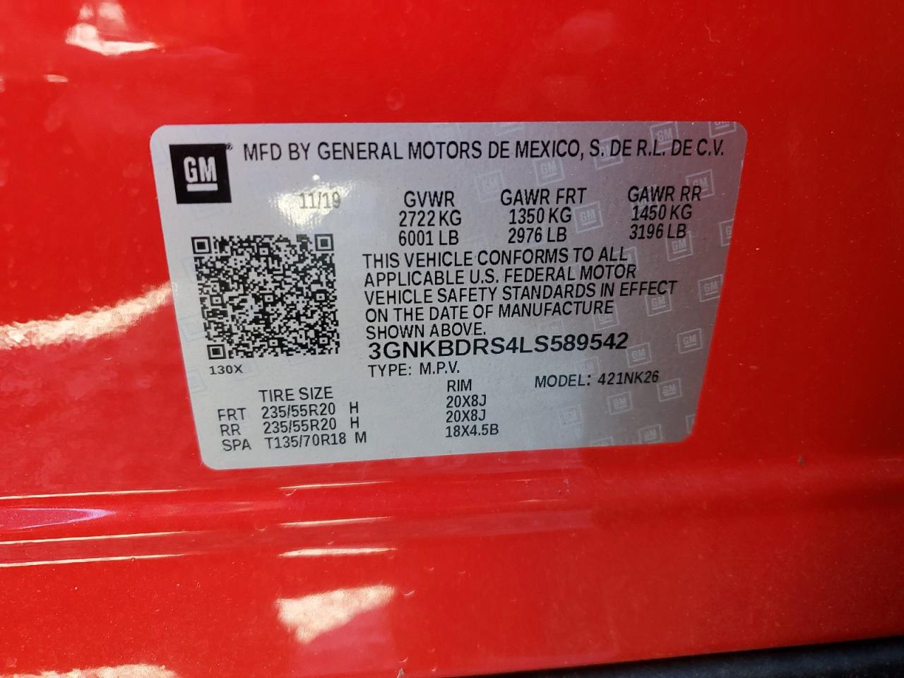 2020 Chevrolet Blazer VIN 3GNKBDRS4LS589542 Copart auction photo, front end / mechanical damage thumbnail 13