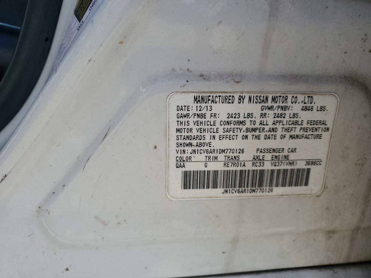 2013 Infiniti G VIN JN1CV6AR1DM770126 Copart auction photo, rear end damage thumbnail 12