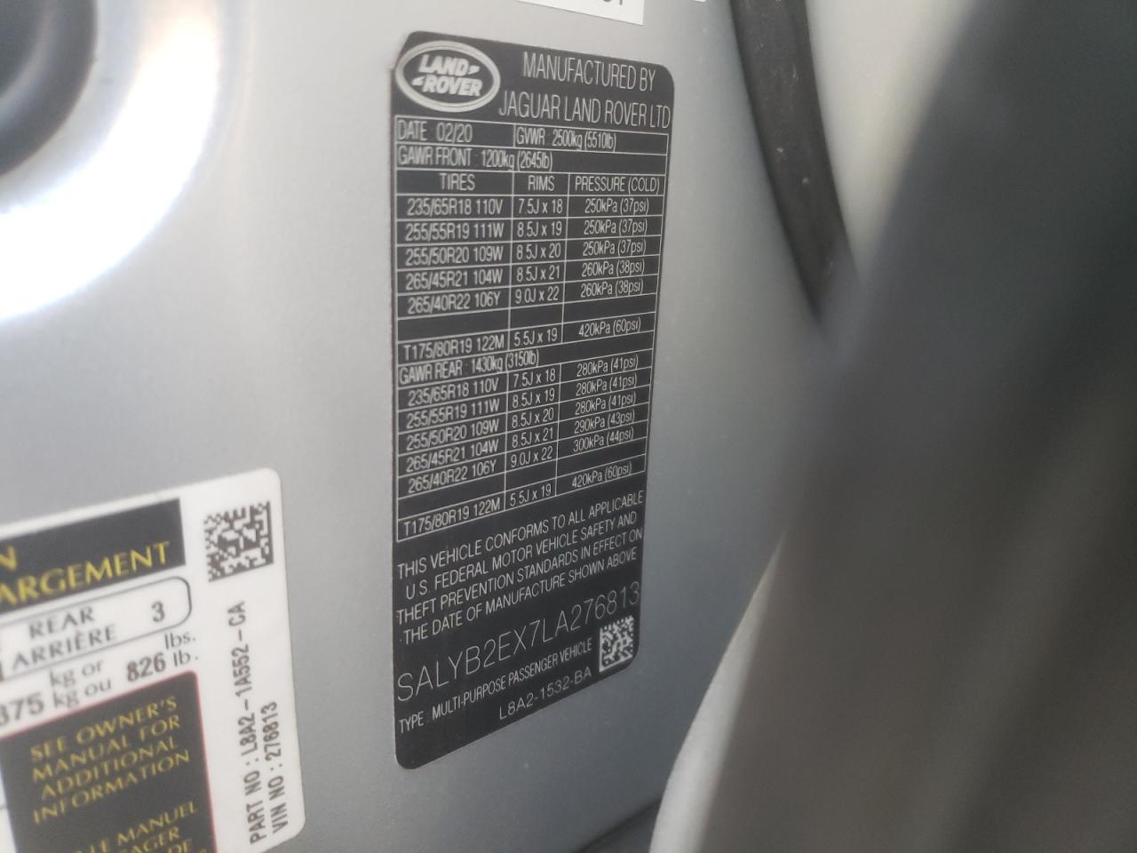 2020 Land Rover Range Rover VIN SALYB2EX7LA276813 Copart auction photo, front end damage thumbnail 13