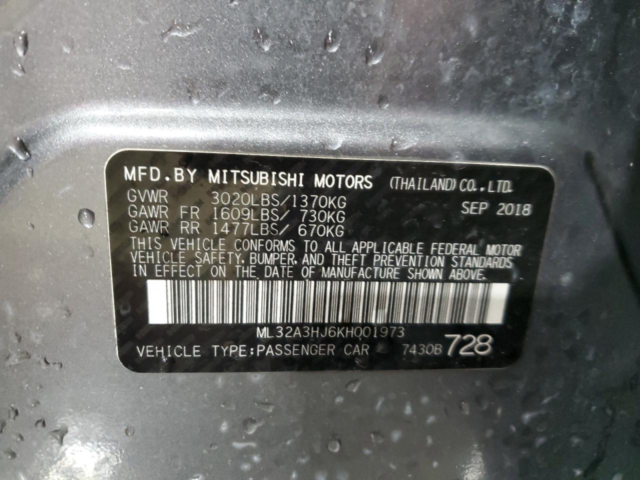 2019 Mitsubishi Mirage VIN ML32A3HJ6KH001973 Copart auction photo, front end / rear end damage thumbnail 15