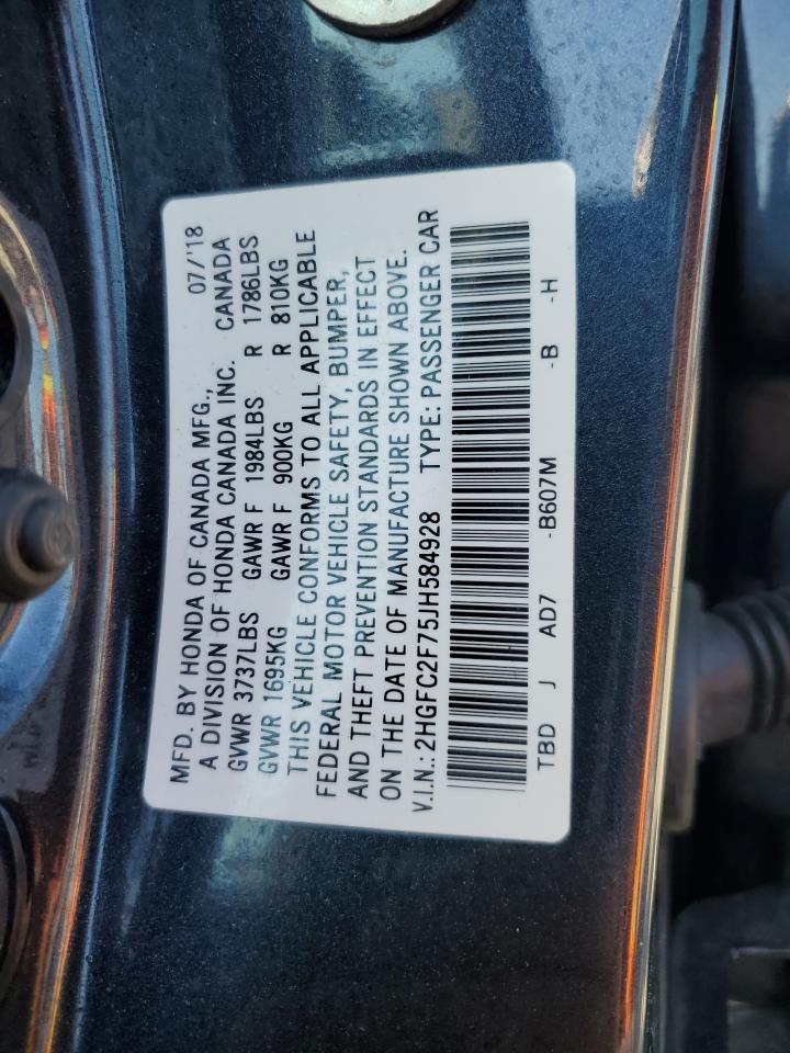 2018 Honda Civic VIN 2HGFC2F75JH584928 Copart auction photo, front end / side damage thumbnail 12