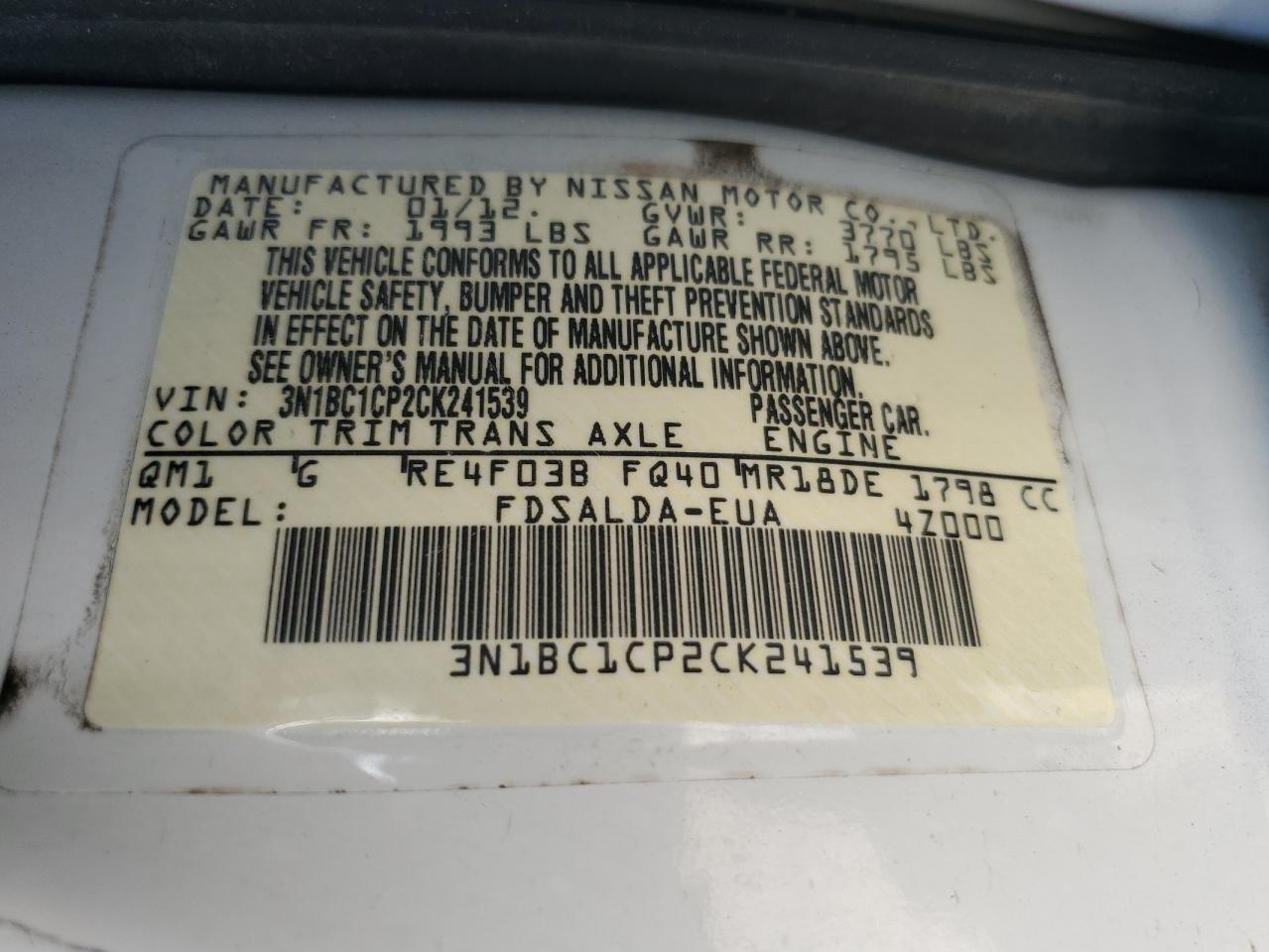 2012 Nissan Versa VIN 3N1BC1CP2CK241539 Copart auction photo, side / front end damage thumbnail 14