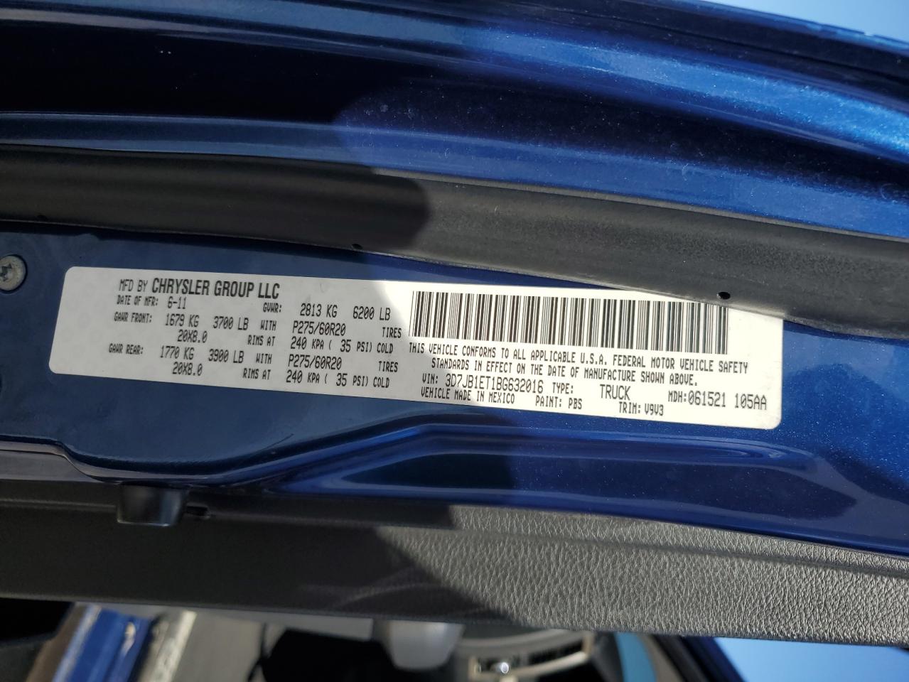 2011 Dodge RAM VIN 3D7JB1ET1BG632016 Copart auction photo, front end / rear end damage thumbnail 15