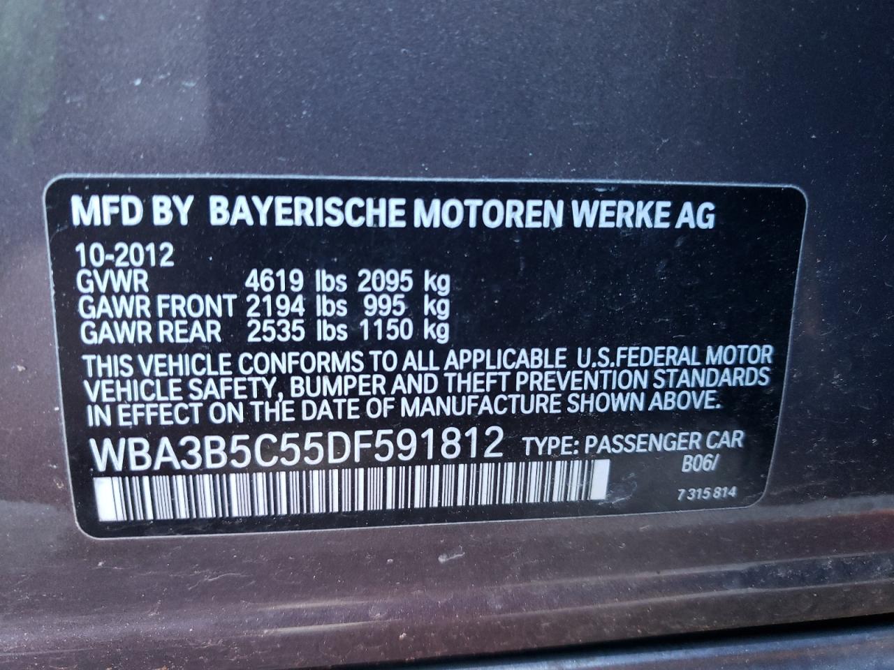 2013 BMW 3er VIN WBA3B5C55DF591812 Copart auction photo, front end damage thumbnail 13