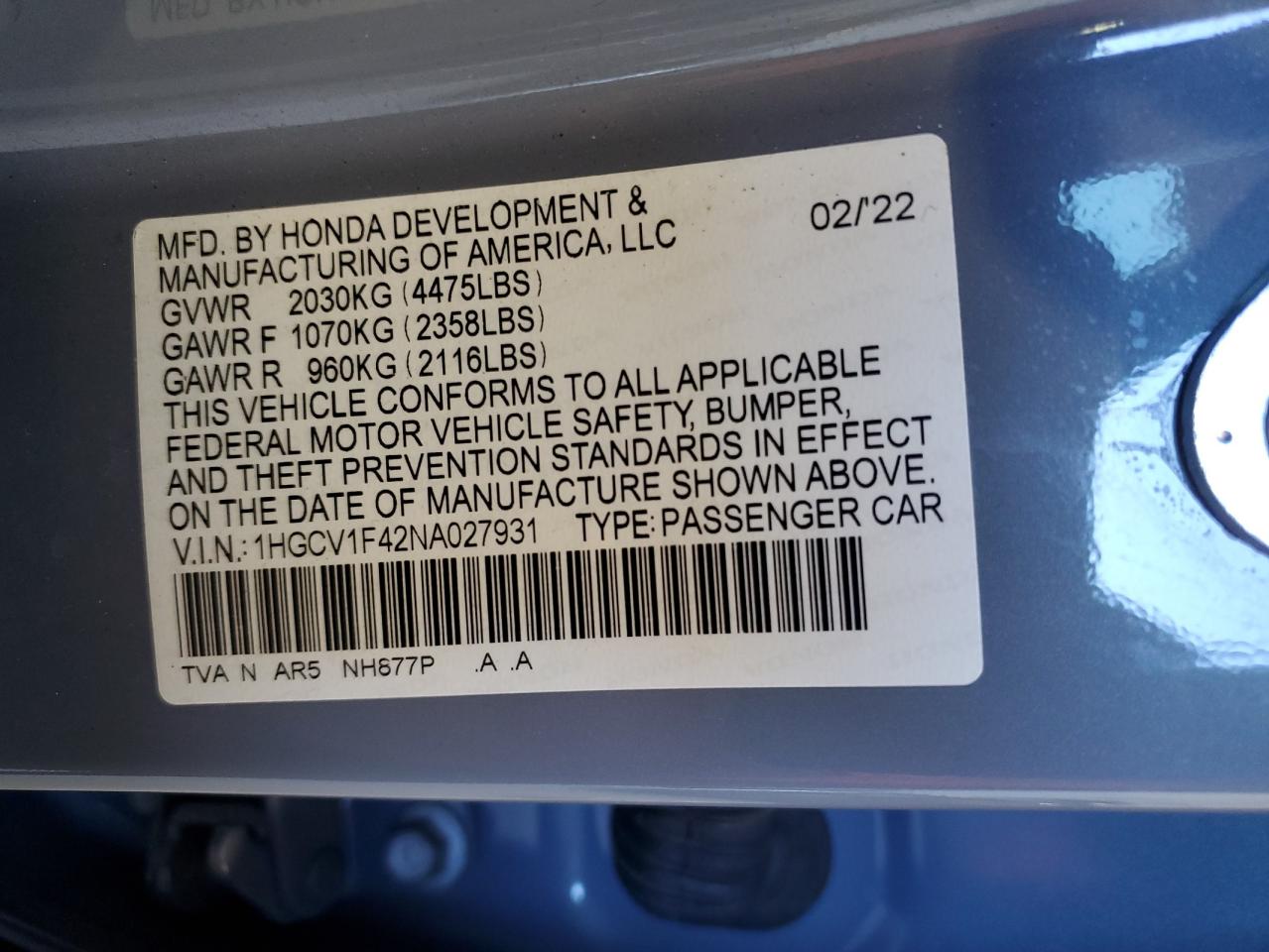 2022 Honda Accord VIN 1HGCV1F42NA027931 Copart auction photo, front end / side damage thumbnail 14