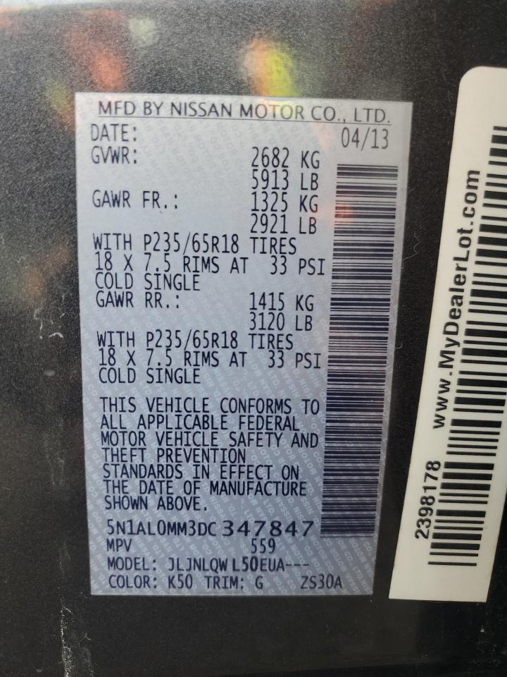 2013 Infiniti JX VIN 5N1AL0MM3DC347847 Copart auction photo, front end damage thumbnail 12