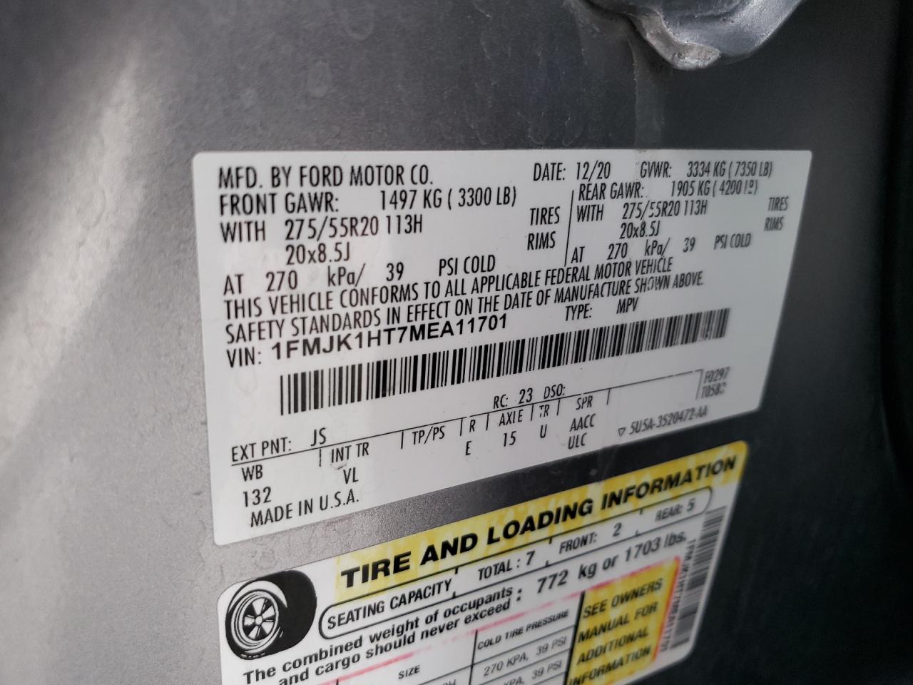 2021 Ford Expedition VIN 1FMJK1HT7MEA11701 Copart auction photo, rear end damage thumbnail 15
