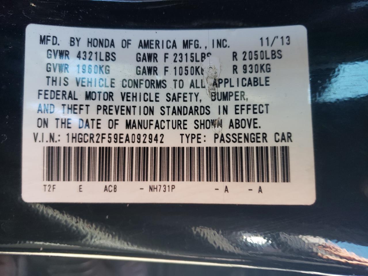 2014 Honda Accord VIN 1HGCR2F59EA092942 Copart auction photo, front end damage thumbnail 12