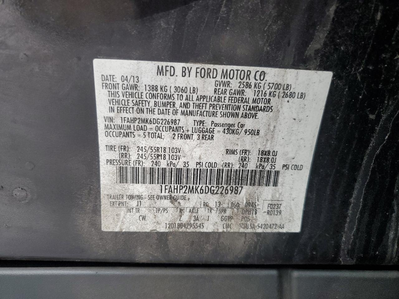 2013 Ford Taurus VIN 1FAHP2MK6DG226987 Copart auction photo, rear end / minor dent/scratches damage thumbnail 12