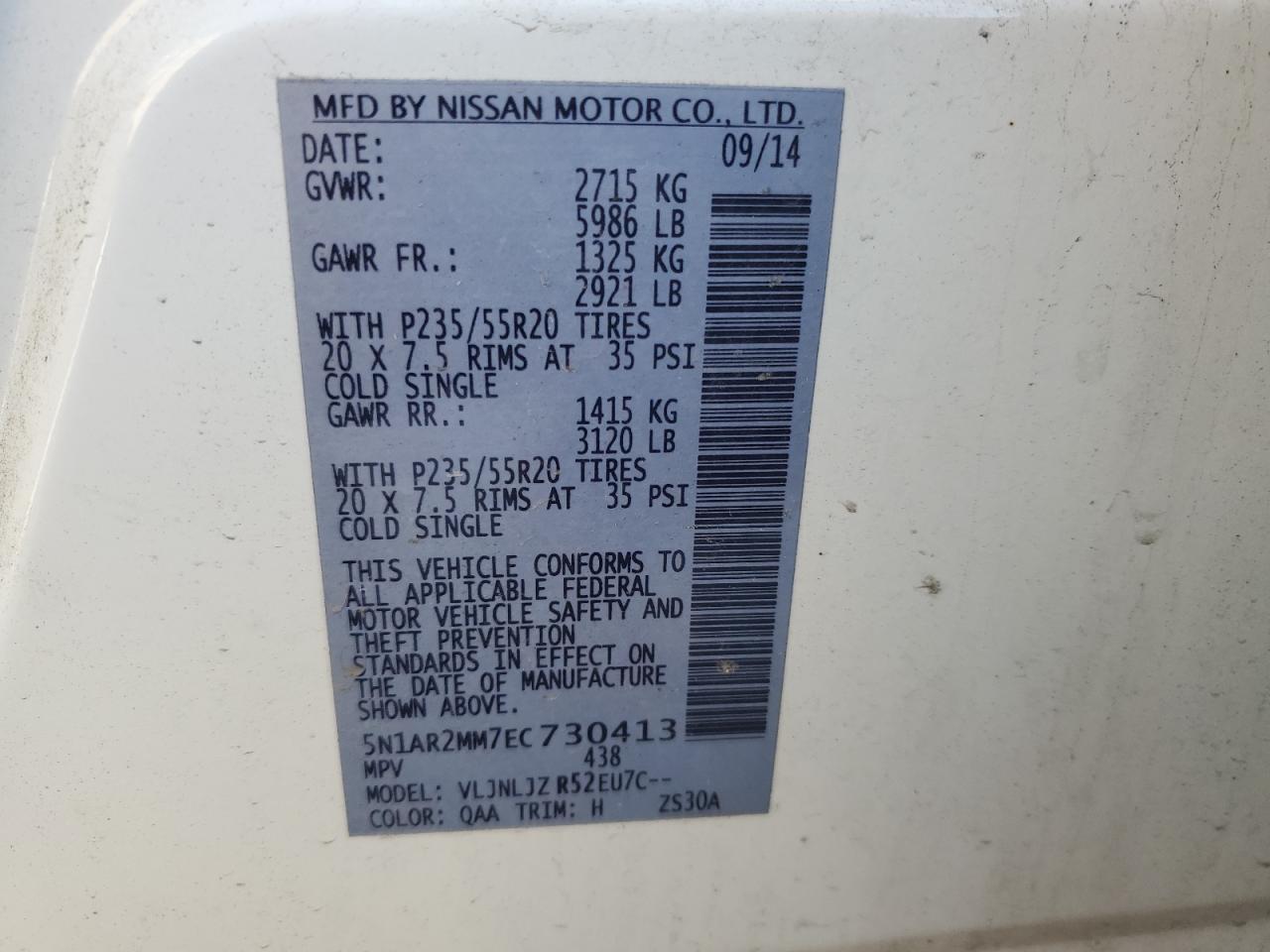 2014 Nissan Pathfinder VIN 5N1AR2MM7EC730413 Copart auction photo, front end / mechanical damage thumbnail 13