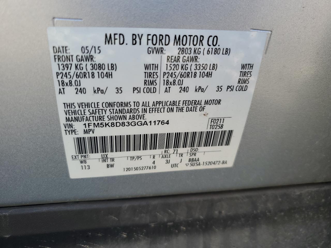 2016 Ford Explorer VIN 1FM5K8D83GGA11764 Copart auction photo, front end / minor dent/scratches damage thumbnail 14