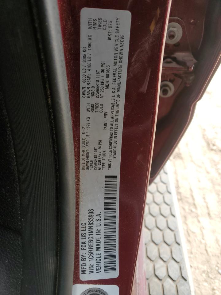 2021 RAM 1500 VIN 1C6RREBG1MN833908 Copart auction photo, front end damage thumbnail 13