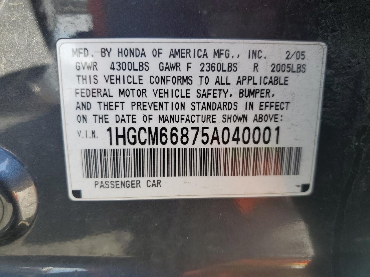 2005 Honda Accord VIN 1HGCM66875A040001 Copart auction photo, all over damage thumbnail 14