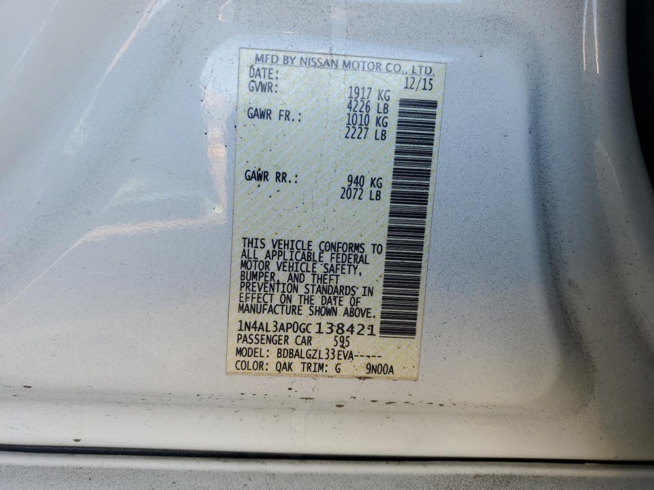 2016 Nissan Altima VIN 1N4AL3AP0GC138421 Copart auction photo, front end / side damage thumbnail 15