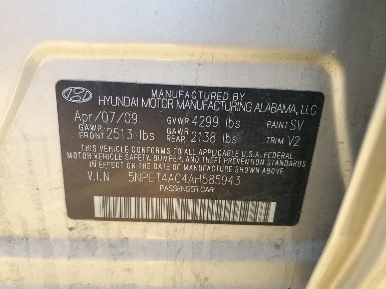 2010 Hyundai Sonata VIN 5NPET4AC4AH585943 Copart auction photo, front end damage thumbnail 12