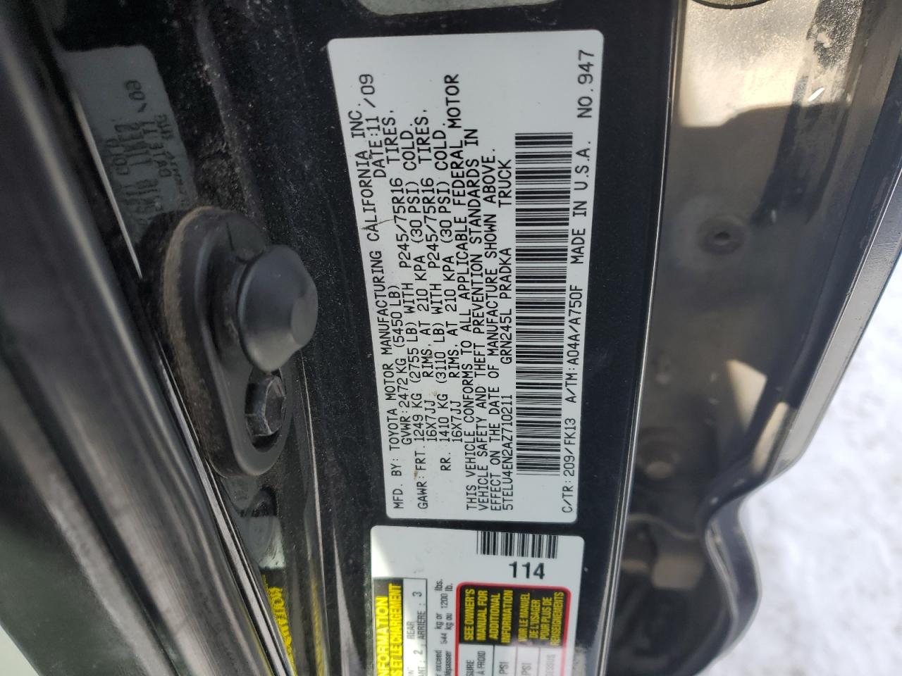 2010 Toyota Tacoma VIN 5TELU4EN2AZ710211 Copart auction photo, front end / side damage thumbnail 12