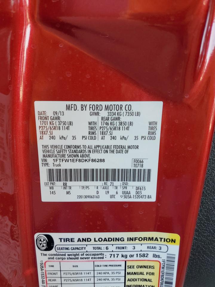 2013 Ford F-150 VIN 1FTFW1EF8DKF86288 Copart auction photo, front end damage thumbnail 14