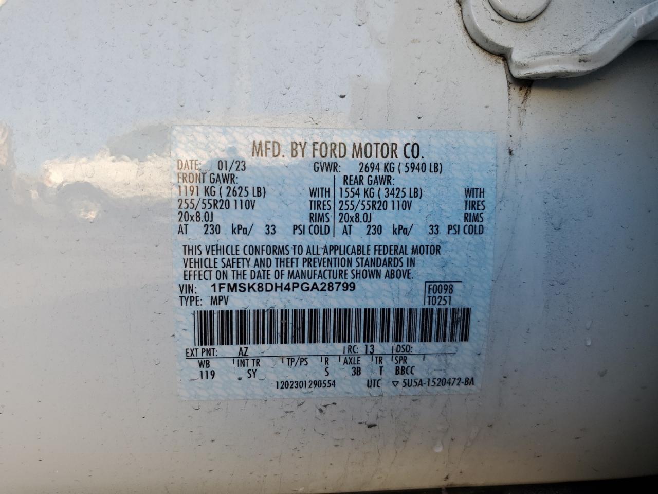 2023 Ford Explorer VIN 1FMSK8DH4PGA28799 Copart auction photo, rear end damage thumbnail 13