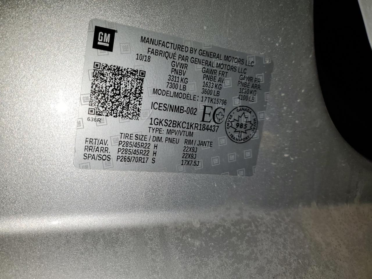 2019 GMC Yukon VIN 1GKS2BKC1KR184437 Copart auction photo, front end / side damage thumbnail 14