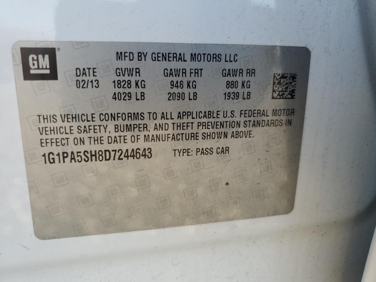 2013 Chevrolet Cruze VIN 1G1PA5SH8D7244643 Copart auction photo, front end / minor dent/scratches damage thumbnail 12