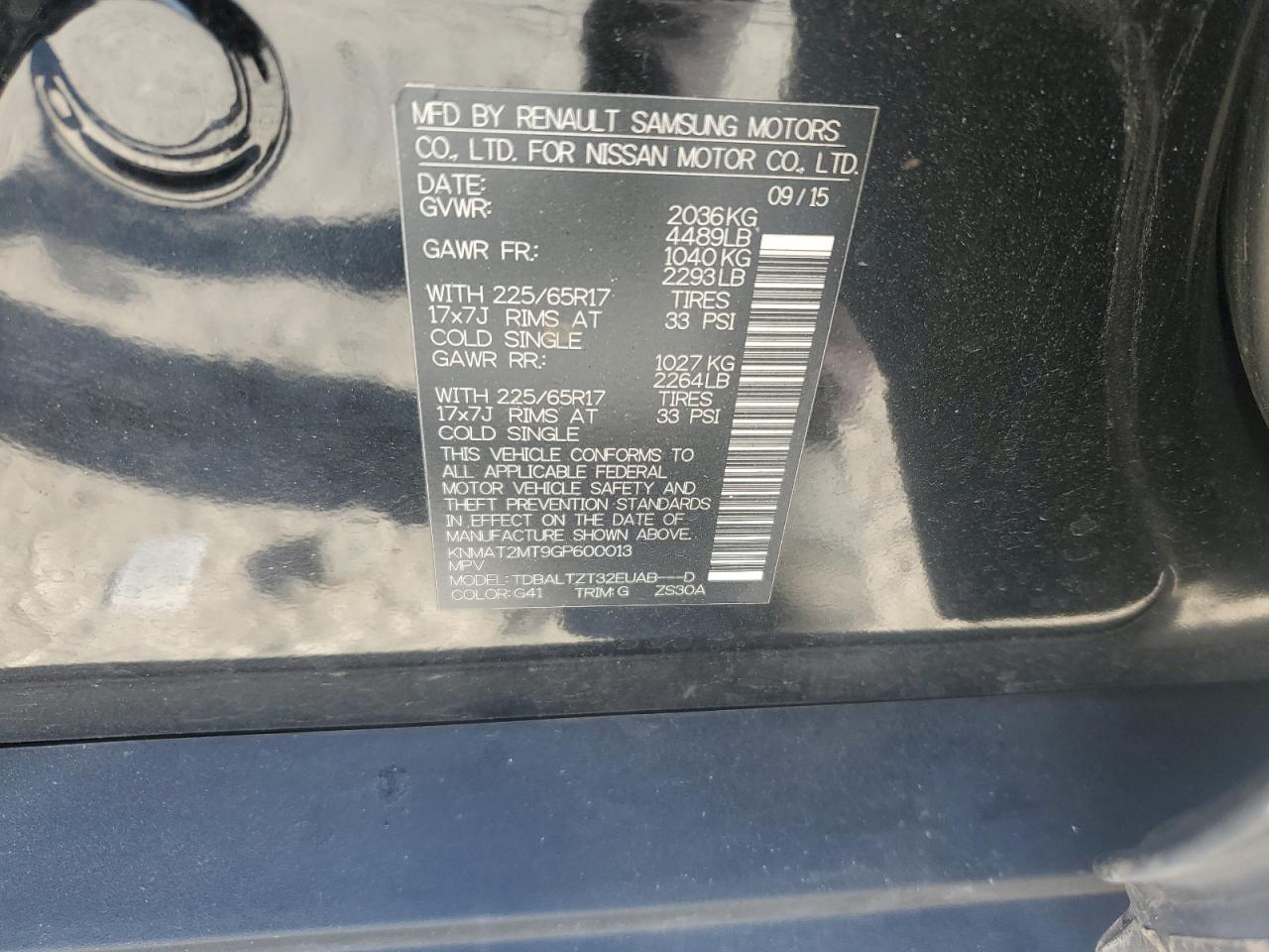 2016 Nissan Rogue VIN KNMAT2MT9GP600013 Copart auction photo, front end / side damage thumbnail 13