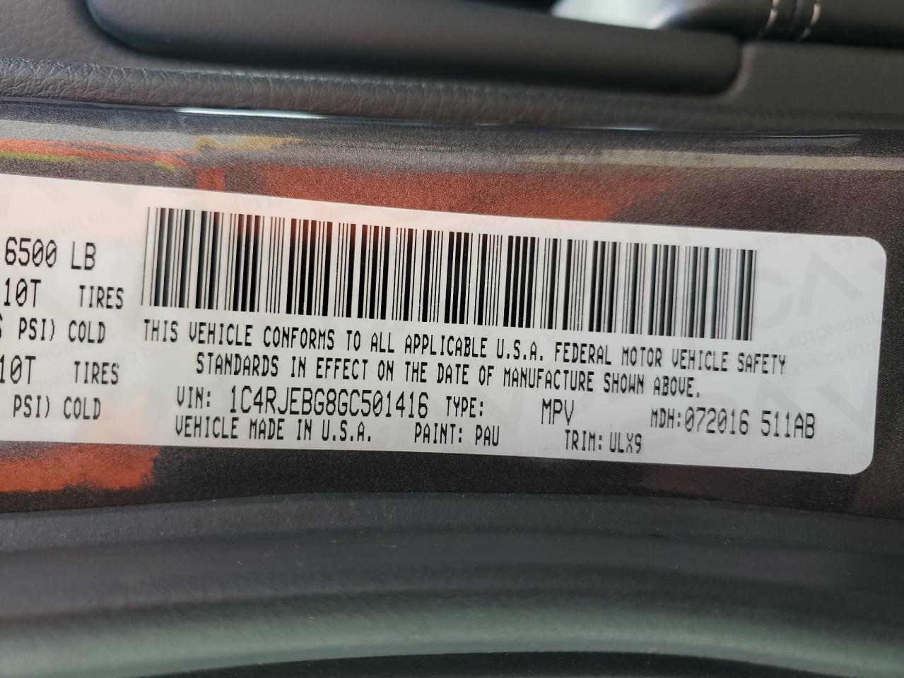 2016 Jeep Grand Cherokee VIN 1C4RJEBG8GC501416 Copart auction photo, front end damage thumbnail 14
