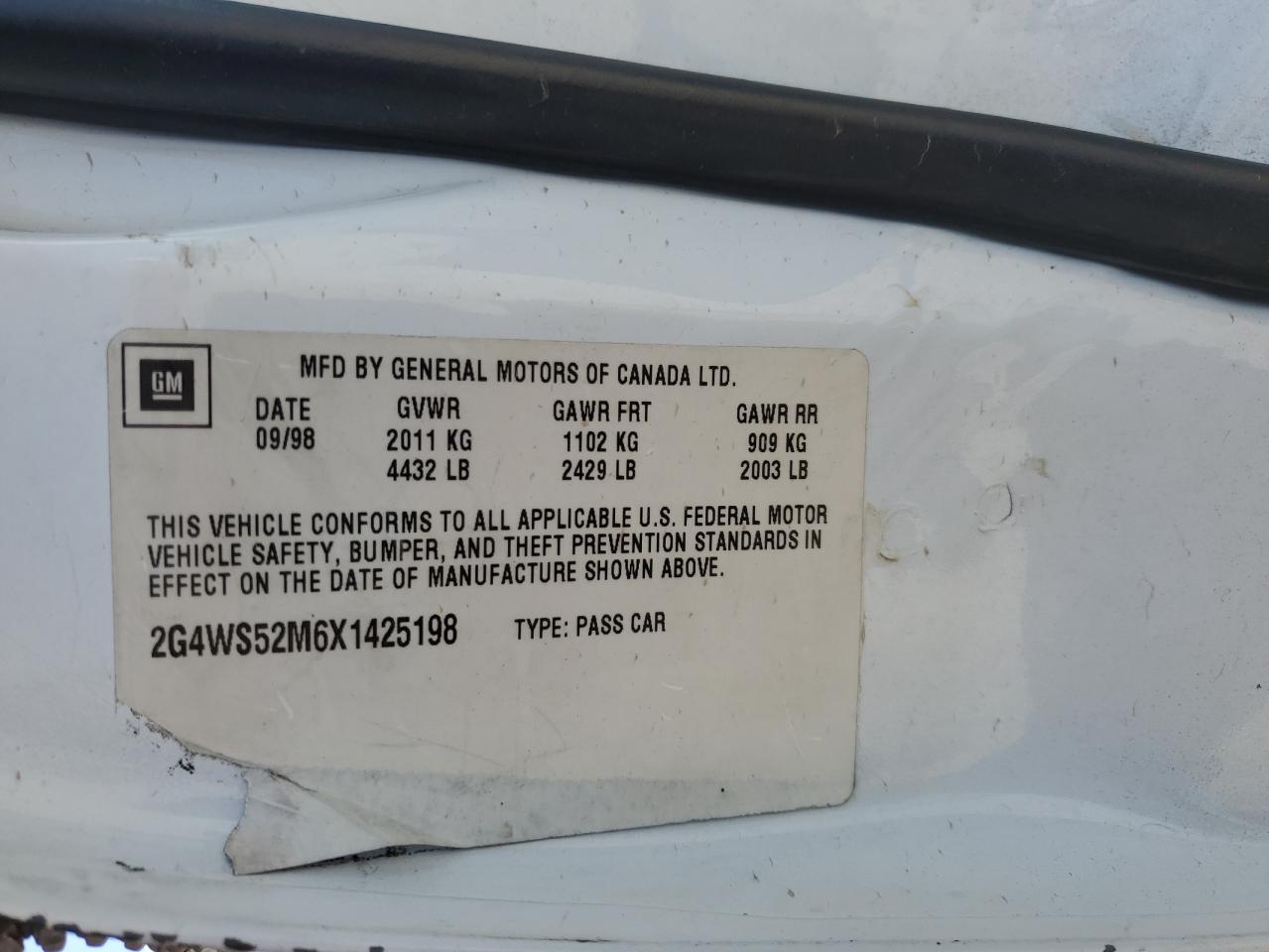 1999 Buick Century VIN 2G4WS52M6X1425198 Copart auction photo, front end / side damage thumbnail 14