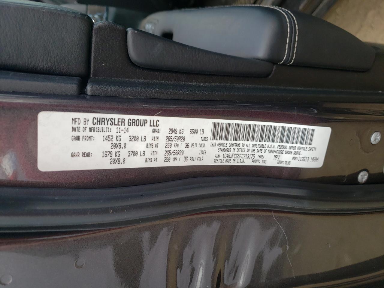 2015 Jeep Grand Cherokee VIN 1C4RJFCG5FC713175 Copart auction photo, mechanical damage thumbnail 13