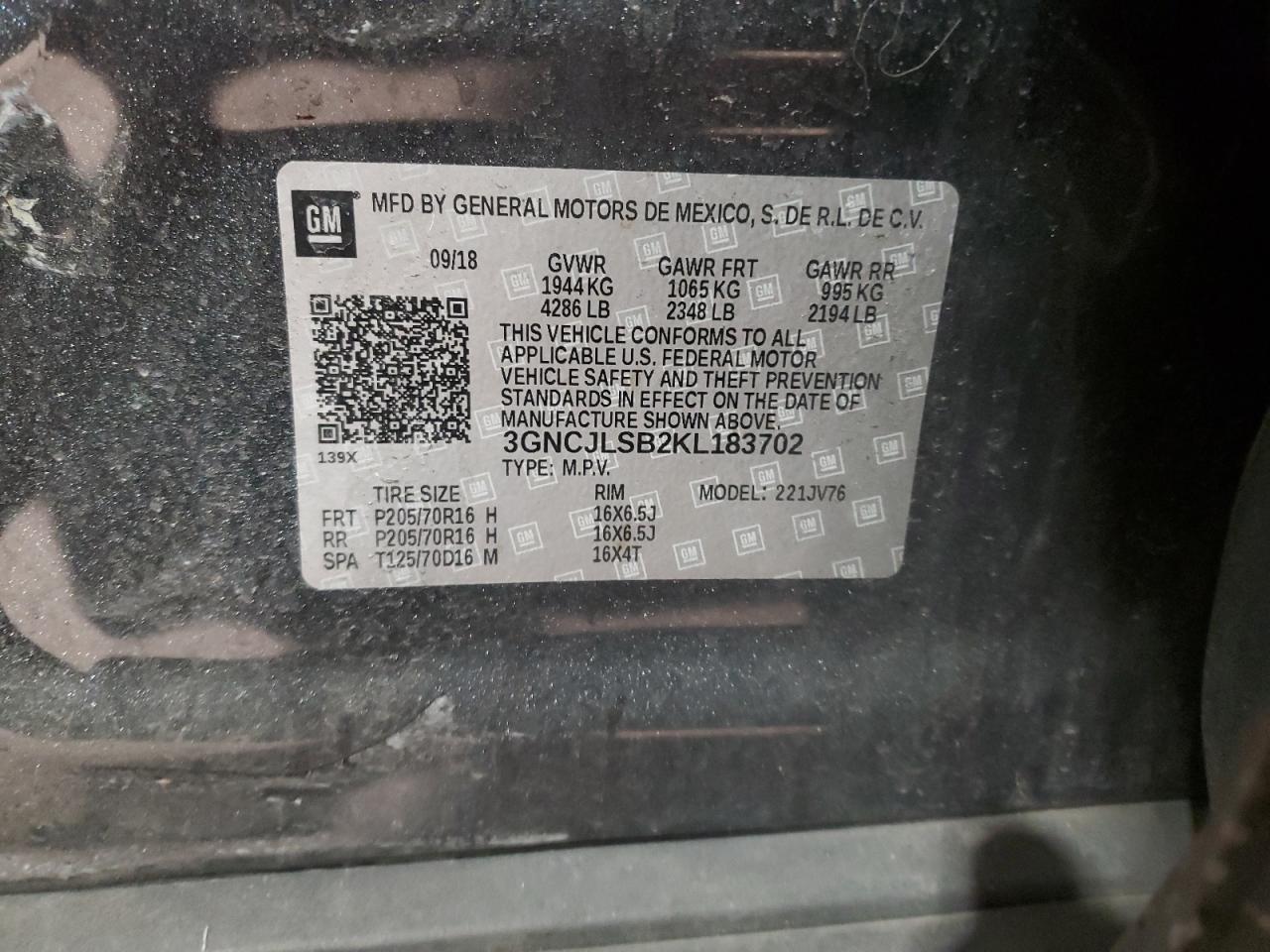 2019 Chevrolet Trax VIN 3GNCJLSB2KL183702 Copart auction photo, side damage thumbnail 15