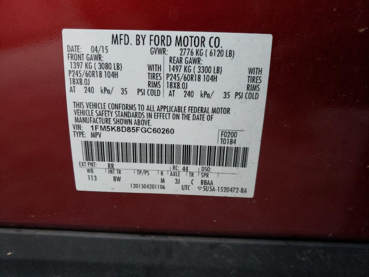 2015 Ford Explorer VIN 1FM5K8D85FGC60260 Copart auction photo, top/roof damage thumbnail 13