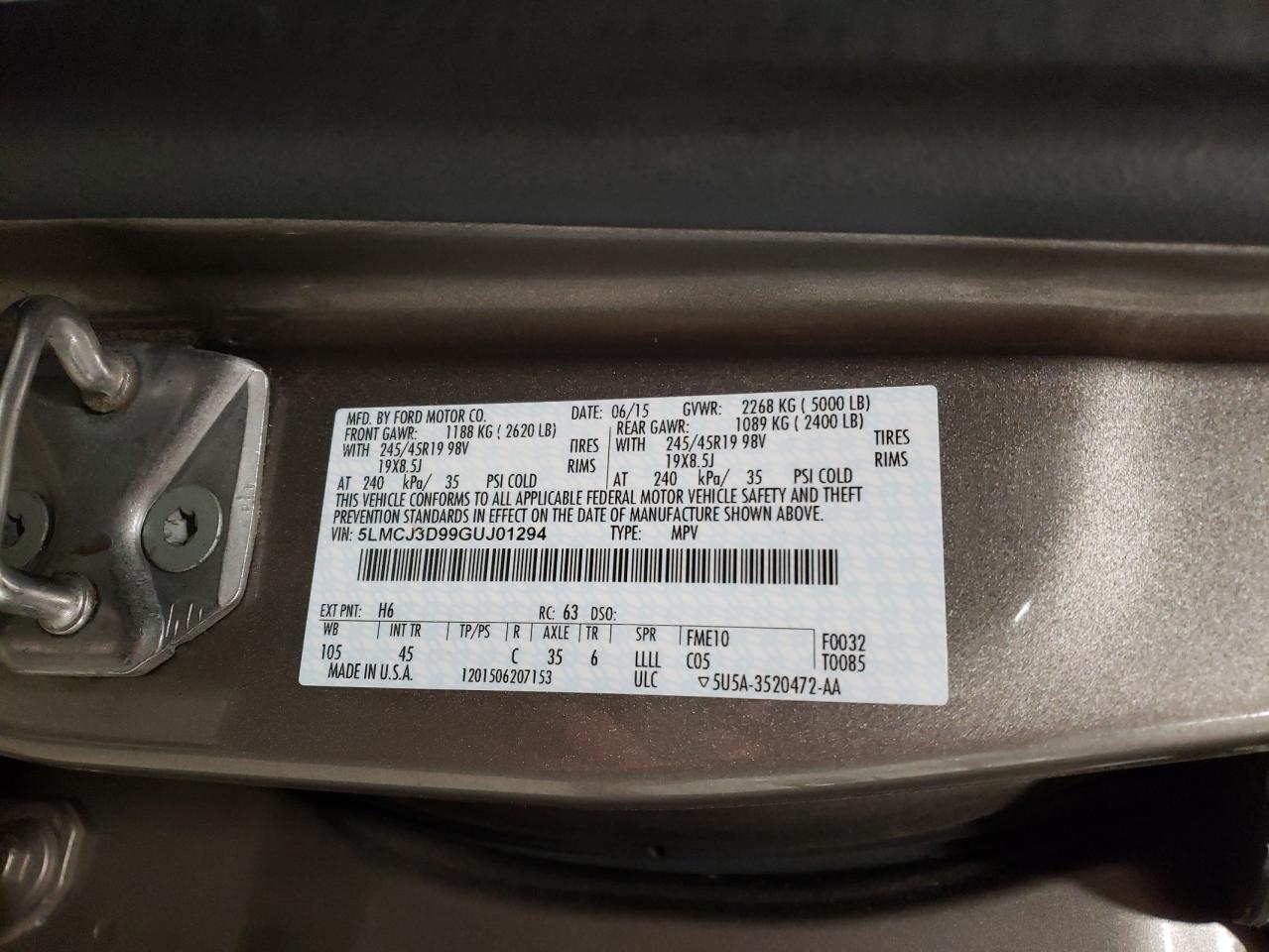 2016 Lincoln MKC VIN 5LMCJ3D99GUJ01294 Copart auction photo, rear end damage thumbnail 13