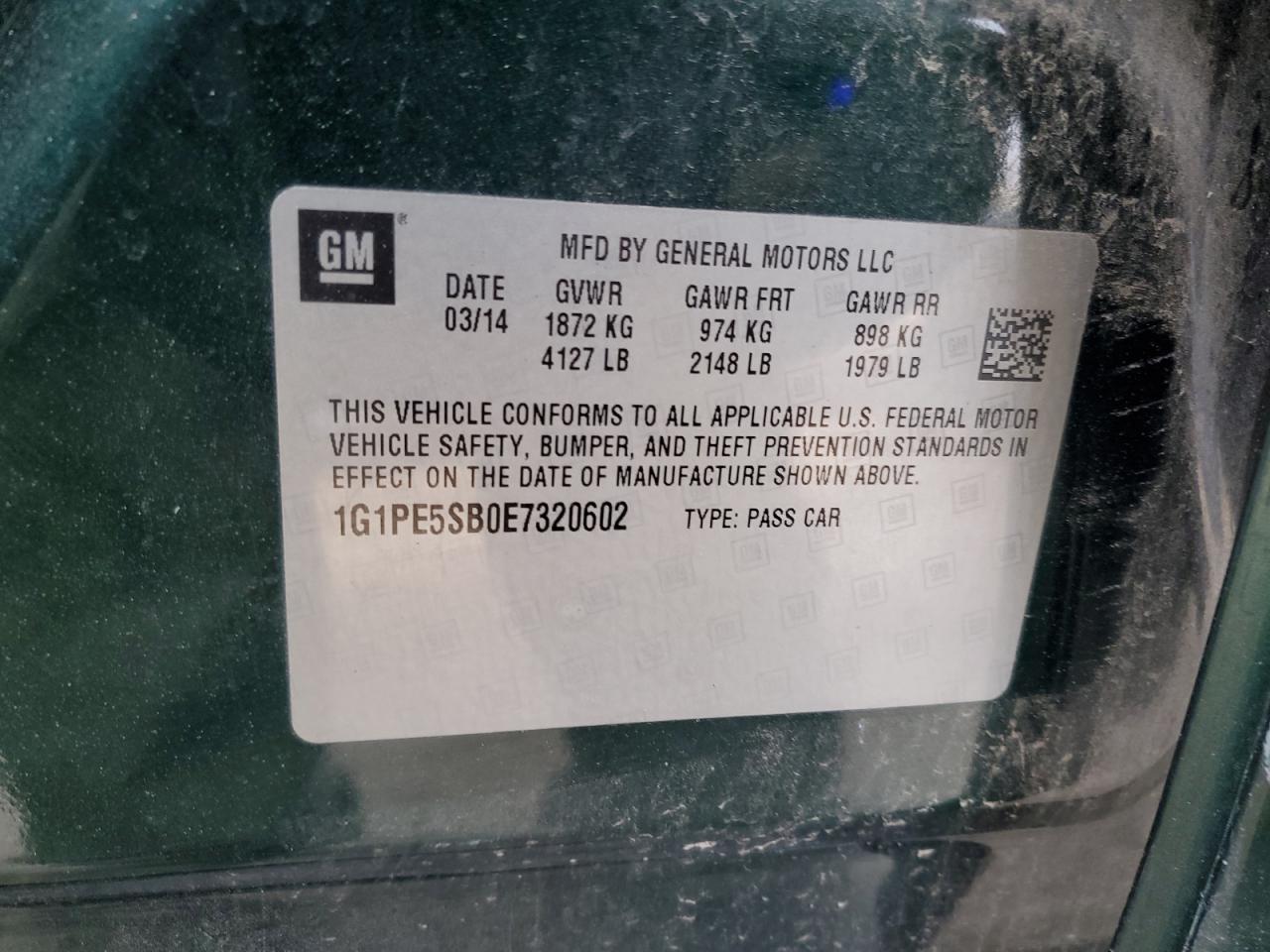 2014 Chevrolet Cruze VIN 1G1PE5SB0E7320602 Copart auction photo, front end / side damage thumbnail 14