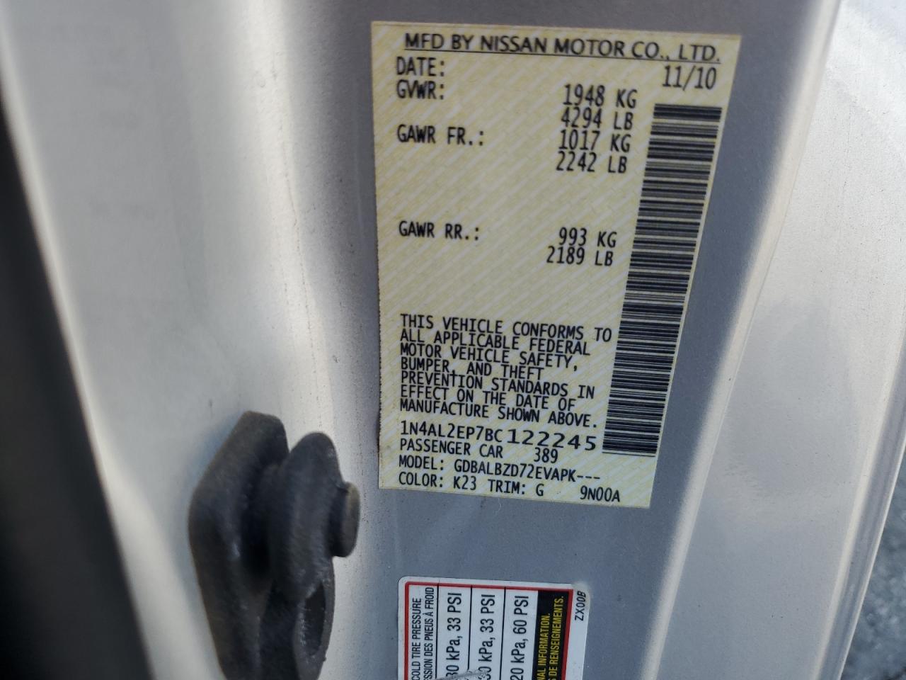 2011 Nissan Altima VIN 1N4AL2EP7BC122245 Copart auction photo, front end / side damage thumbnail 13