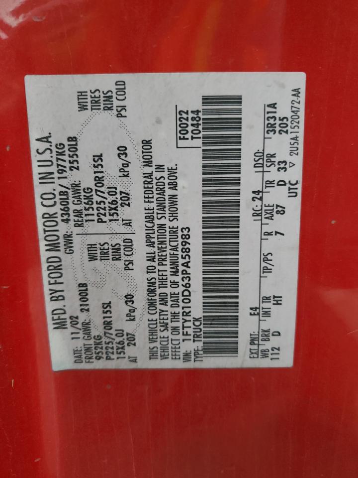 2003 Ford Ranger VIN 1FTYR10D63PA58983 Copart auction photo, side / mechanical damage thumbnail 13