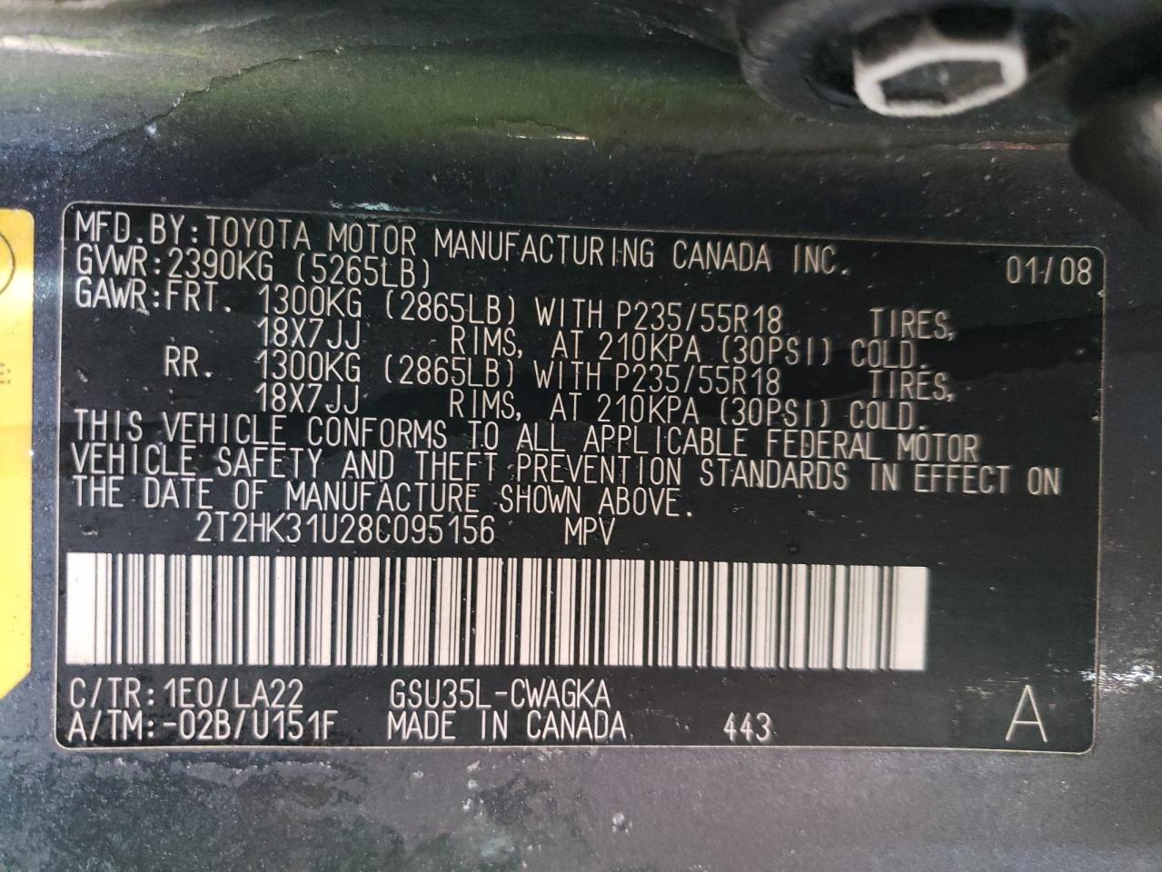 2008 Lexus RX VIN 2T2HK31U28C095156 Copart auction photo, front end / hail damage thumbnail 13