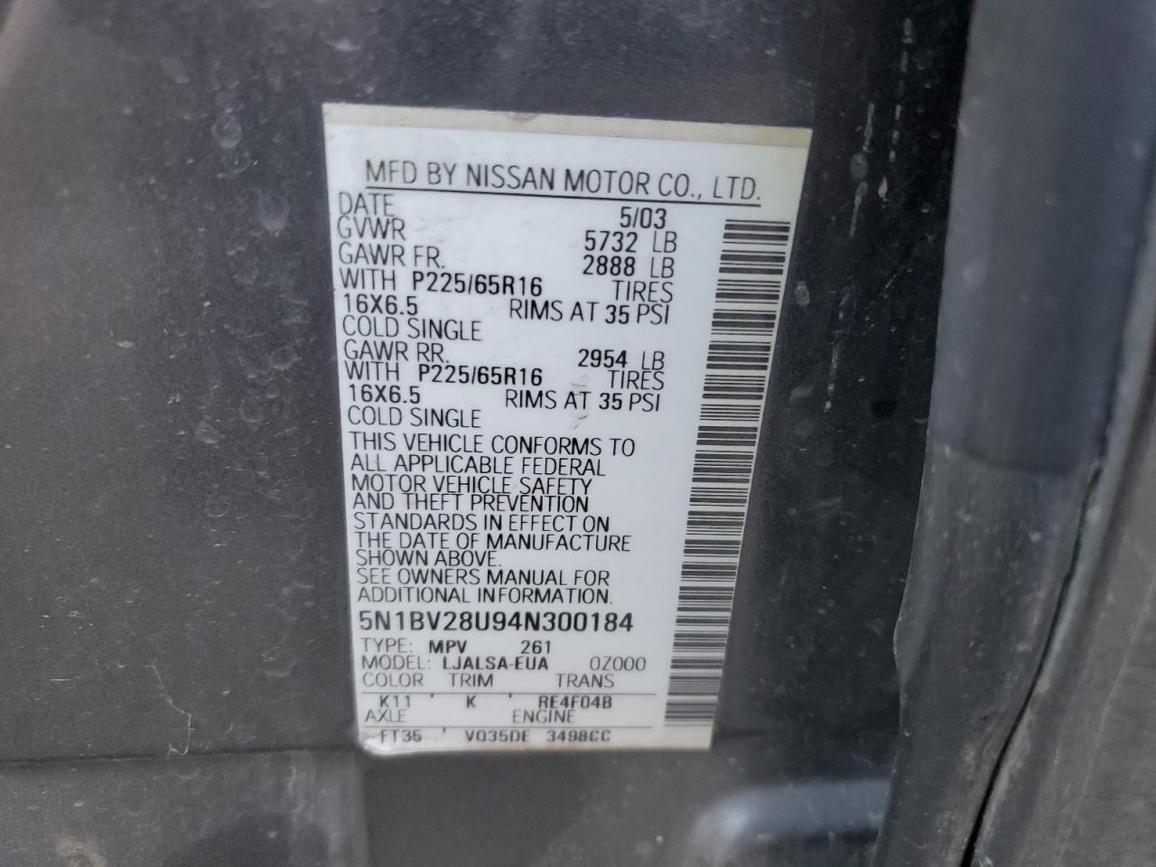 2004 Nissan Quest VIN 5N1BV28U94N300184 Copart auction photo, rear end / minor dent/scratches damage thumbnail 13