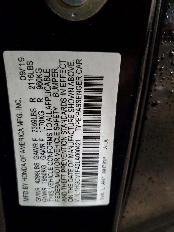 2020 Honda Accord VIN 1HGCV1F42LA000421 Copart auction photo, front end damage thumbnail 13