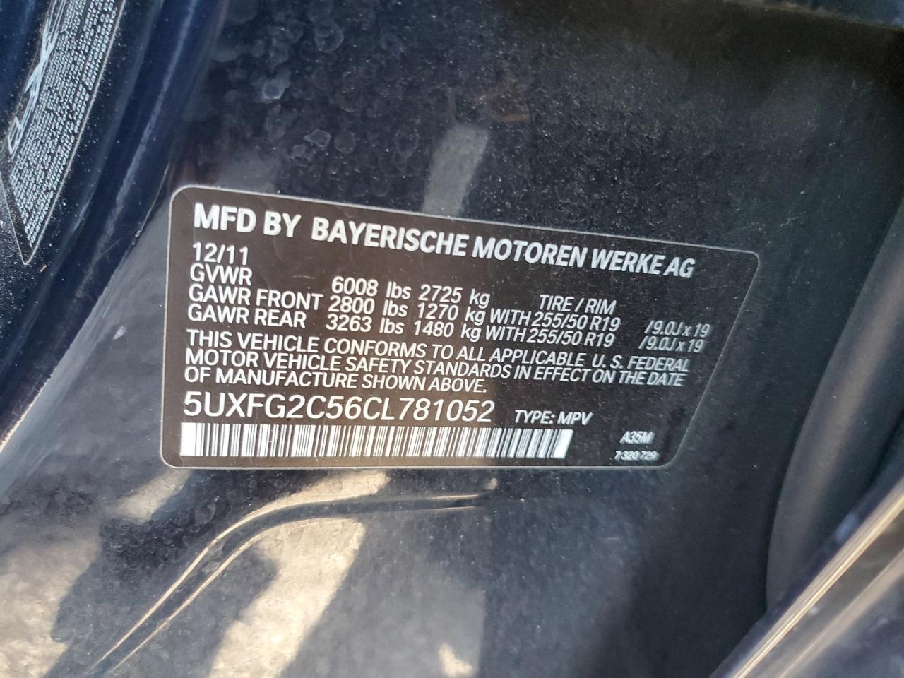2012 BMW X6 VIN 5UXFG2C56CL781052 Copart auction photo, front end damage thumbnail 13